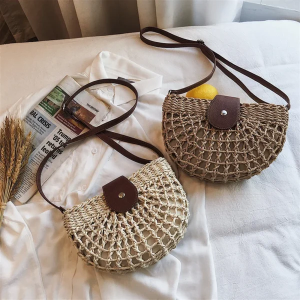 Bolso de hombro de  paja hecho a mano, bolso  cruzado, bolso de mano tejido bohemio para chica - Imagen 7