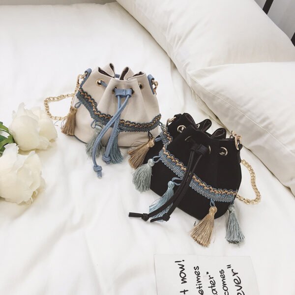 Bolso pequeño de estilo étnico para mujer, bandolera de hombro con borlas a la moda, Mini bolso tipo cubo - Imagen 3
