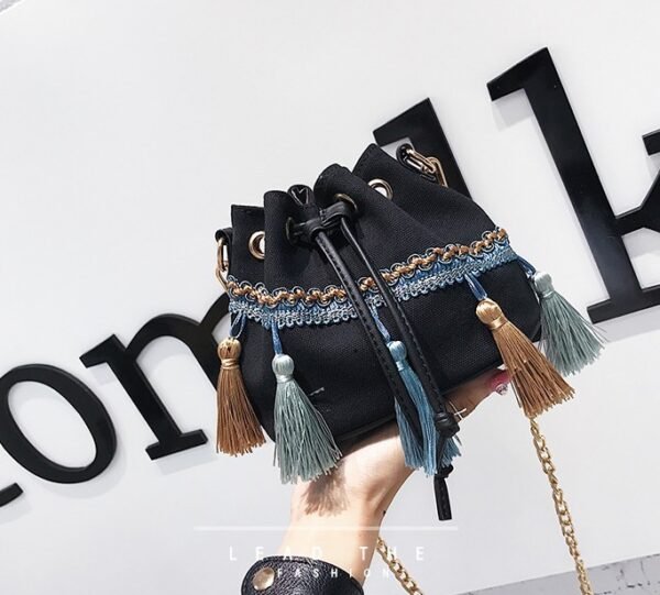 Bolso pequeño de estilo étnico para mujer, bandolera de hombro con borlas a la moda, Mini bolso tipo cubo
