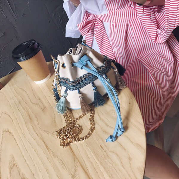 Bolso pequeño de estilo étnico para mujer, bandolera de hombro con borlas a la moda, Mini bolso tipo cubo - Imagen 4